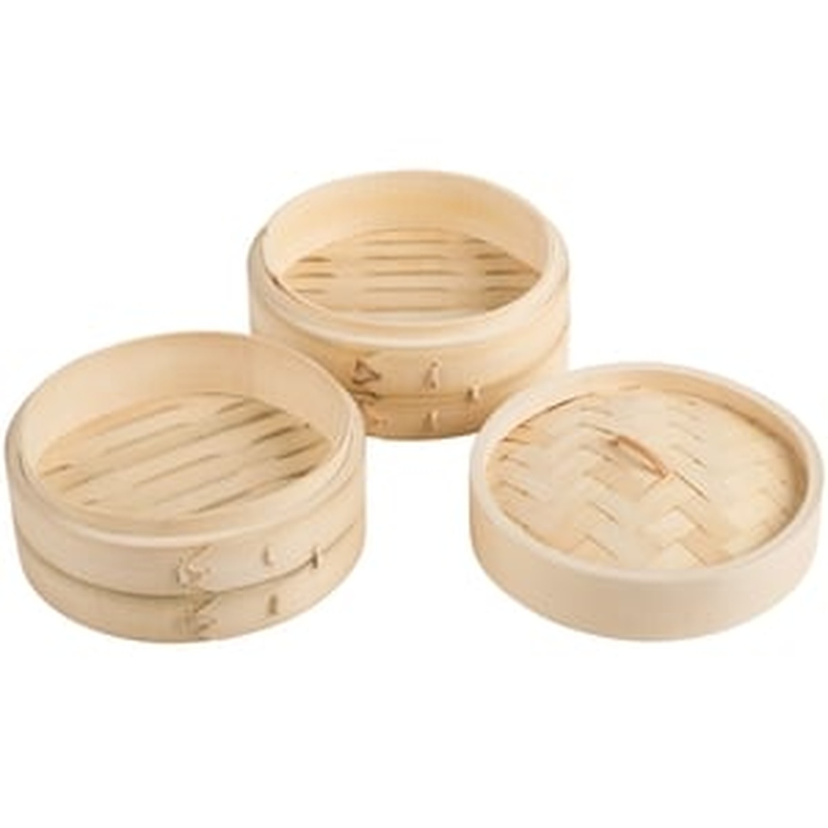 Town 34206 bamboo steamer set components separated: two individual steamer baskets and one woven lid displayed side by side
