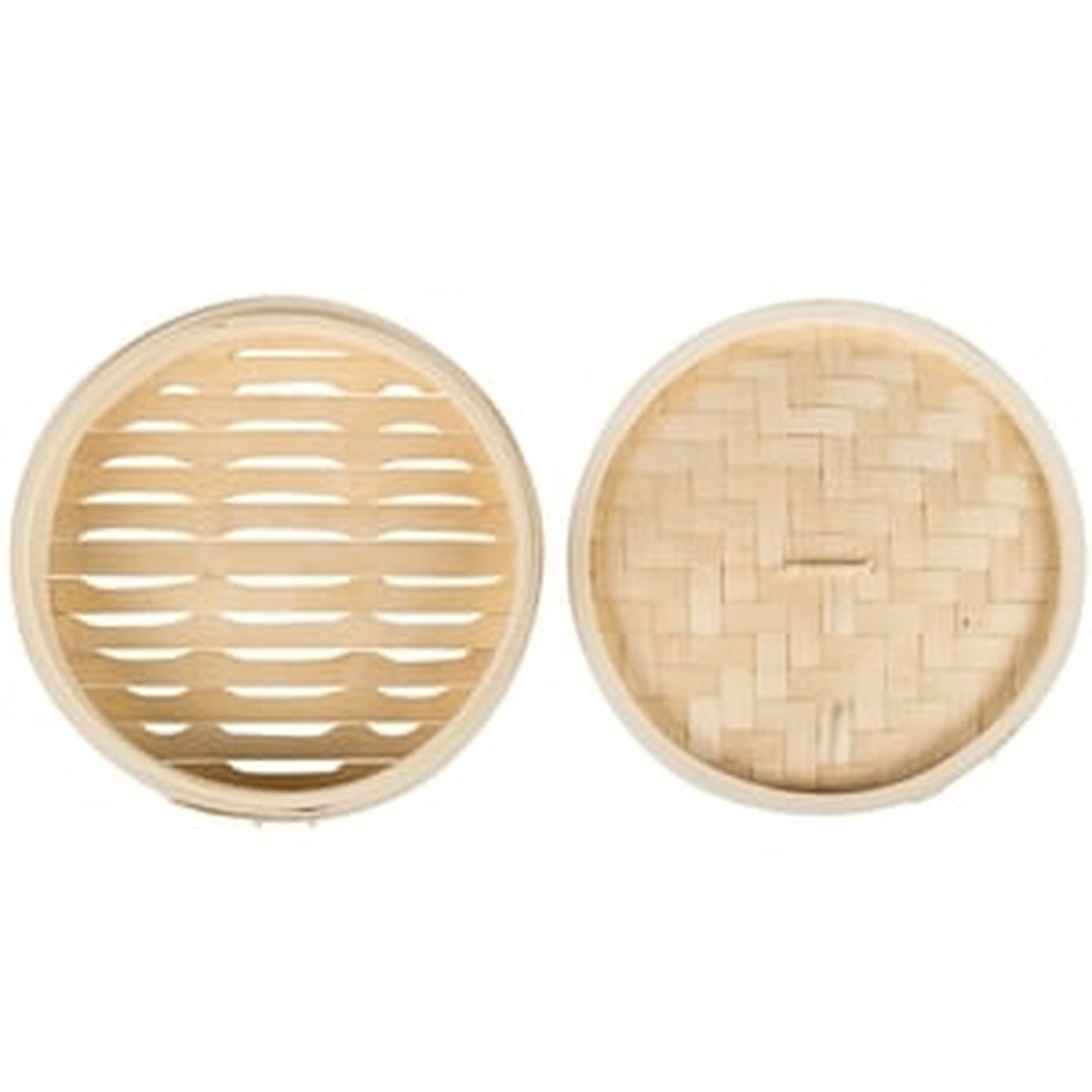 Top-down view of 8-inch bamboo steamer body showing slatted floor and woven bamboo lid side by side