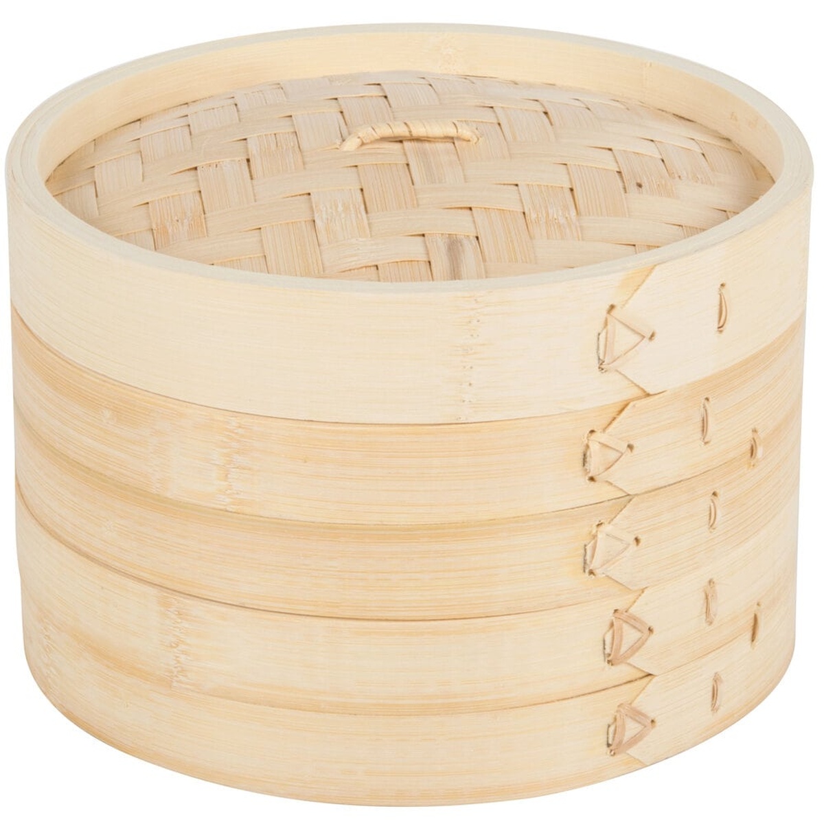 Town 34208 8-inch bamboo steamer set assembled showing two steamer bodies and tightly woven lid