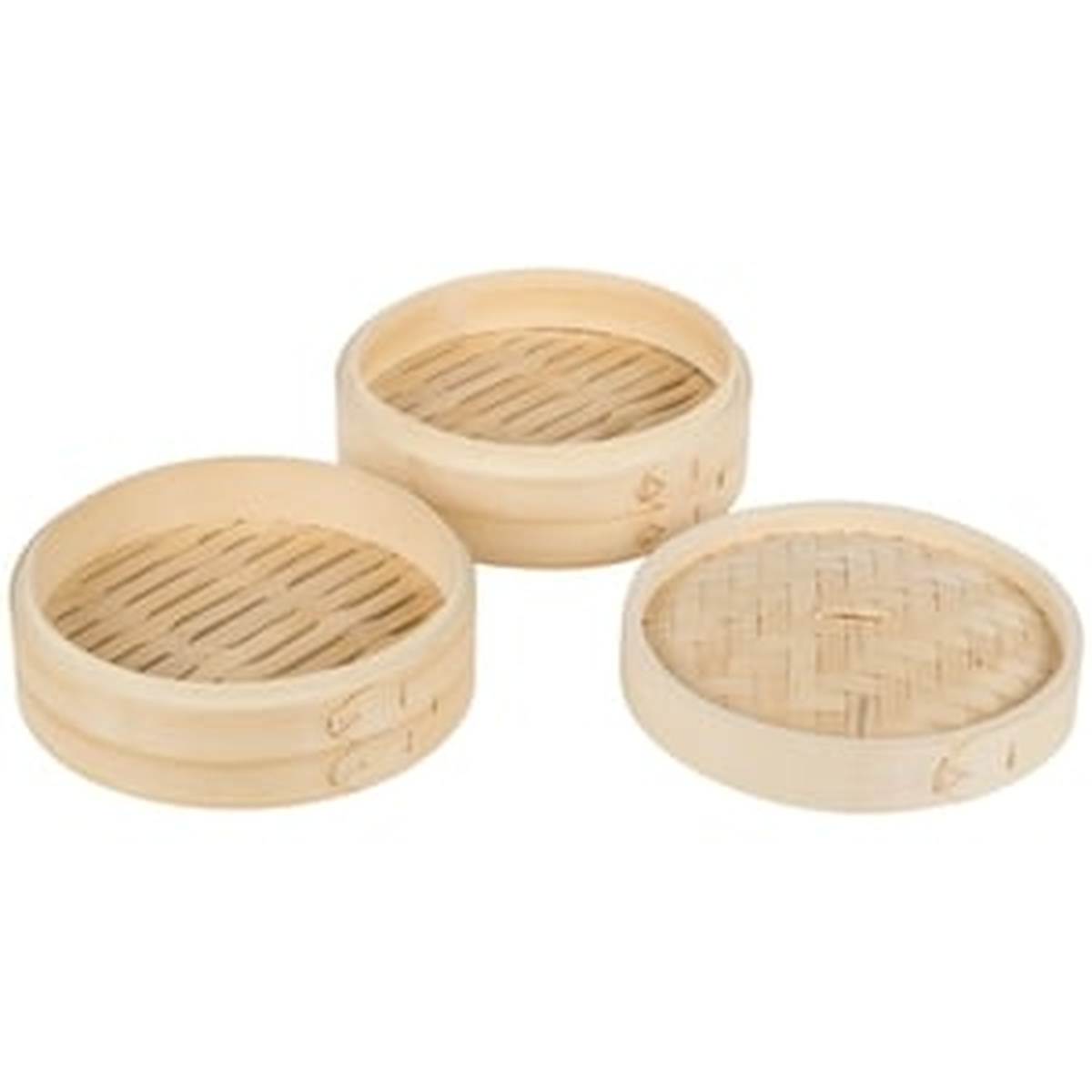 Three-piece bamboo steamer set components: two round steamer bodies with slatted bottoms and one woven lid