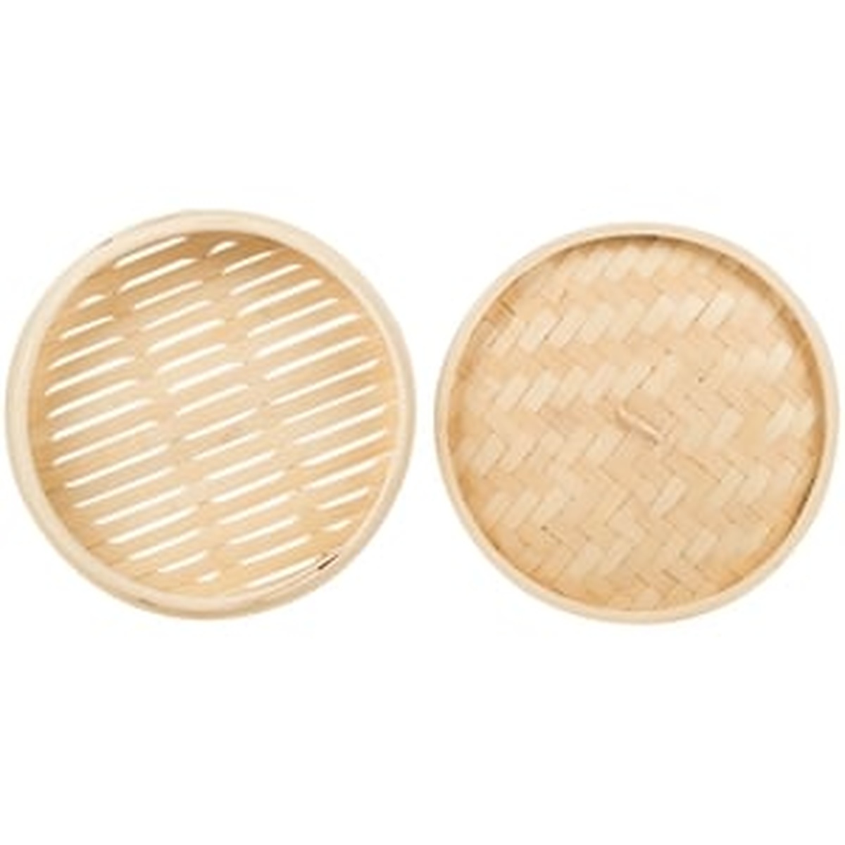 Close-up top-down view of bamboo steamer body showing fitted slat base and hand-woven lid detail