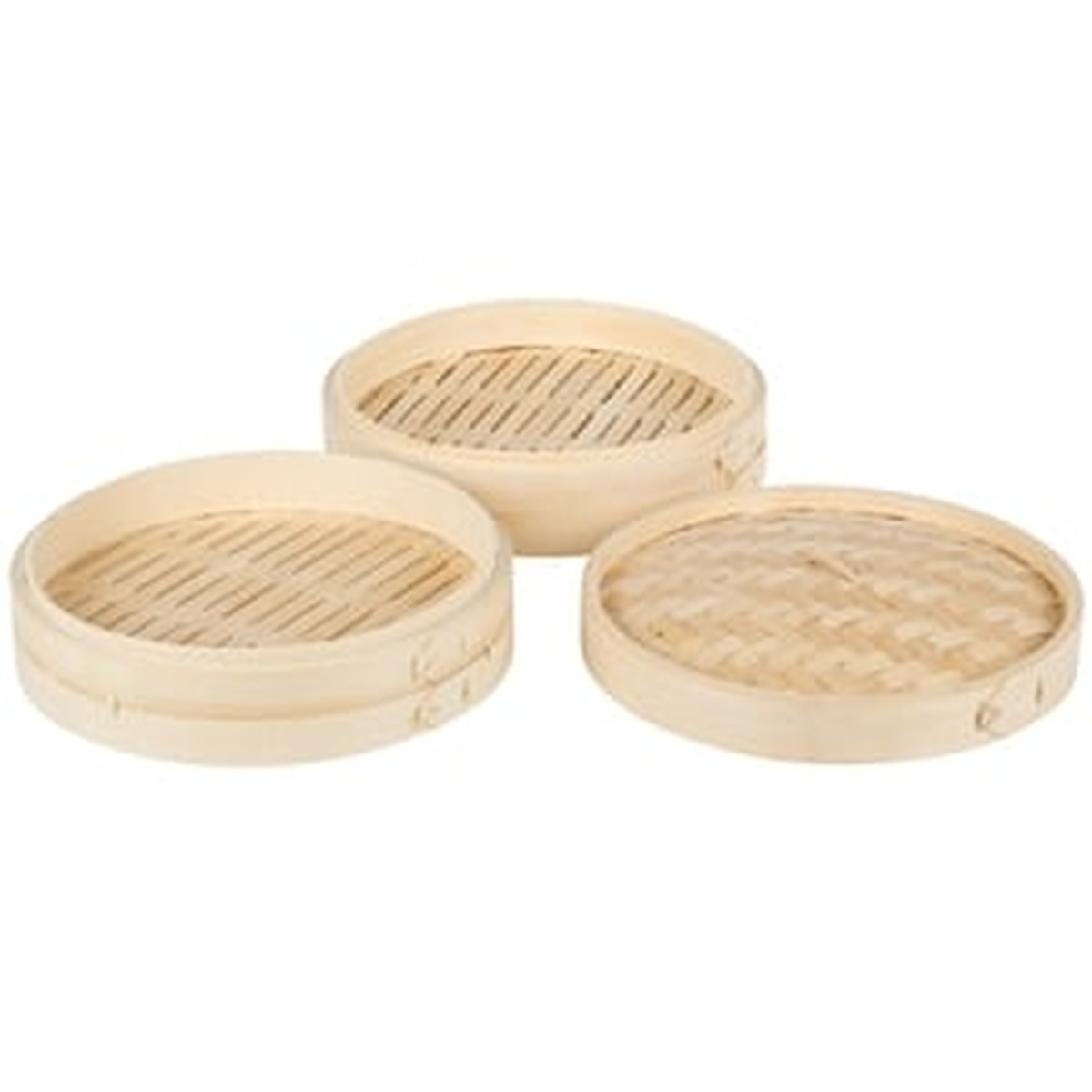 Town bamboo steamer set components showing two steamer tray bodies and one woven lid separately