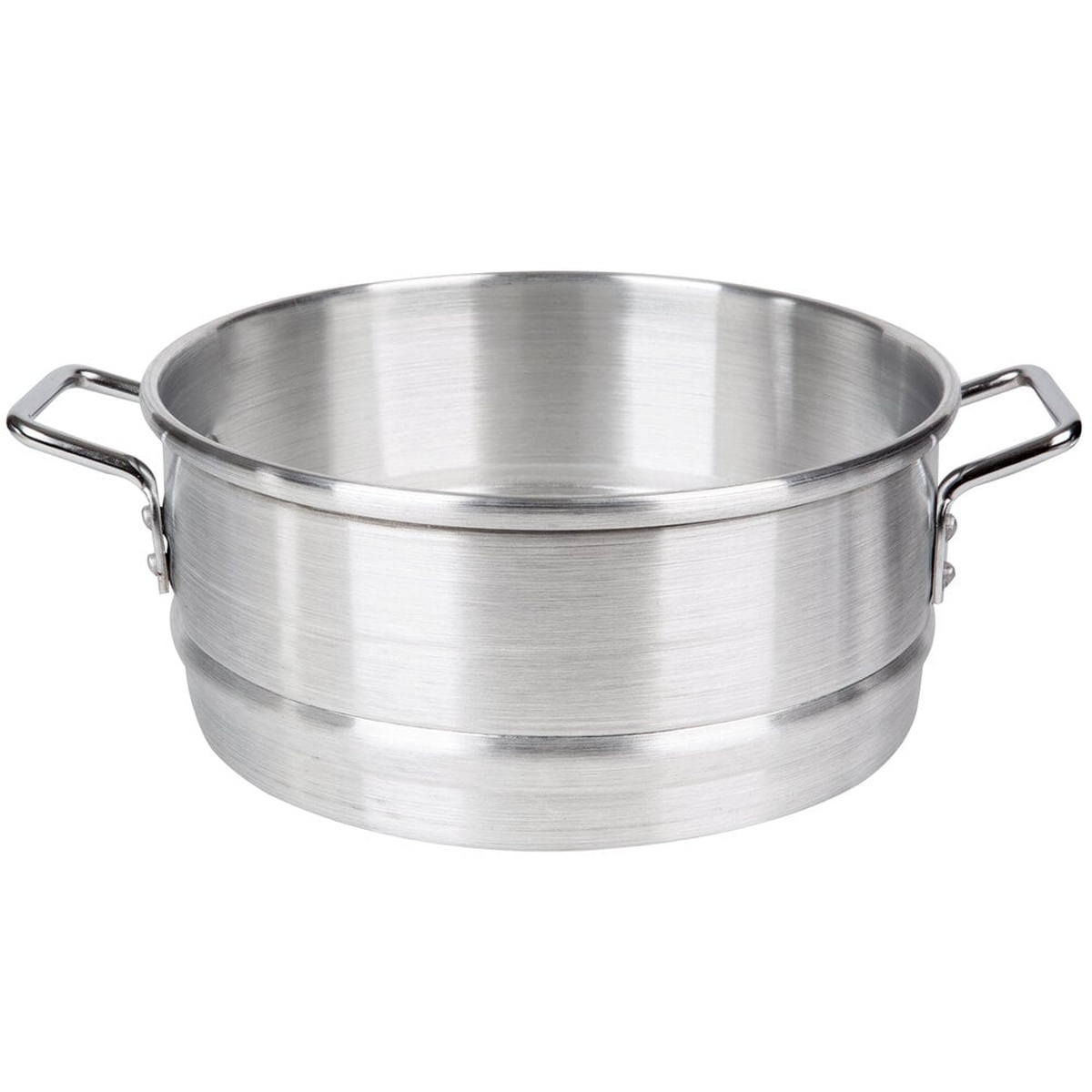 Town 34412 12-inch round aluminum steamer basket with riveted handles on white background