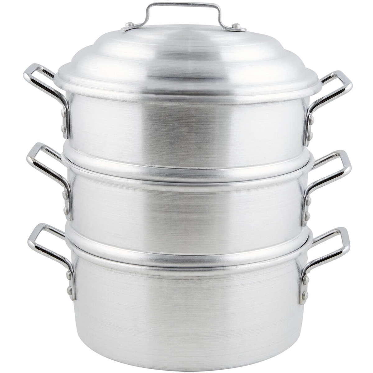 Town 34412S 12-inch aluminum steamer set fully assembled showing cover, two steamer baskets, and water pan stacked