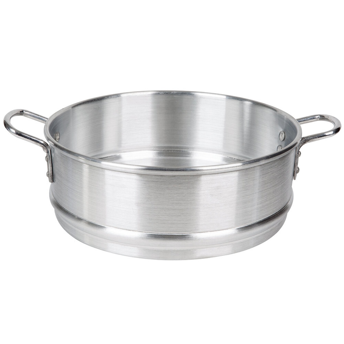 Town 34414 14-inch round aluminum steamer basket with riveted side handles on white background