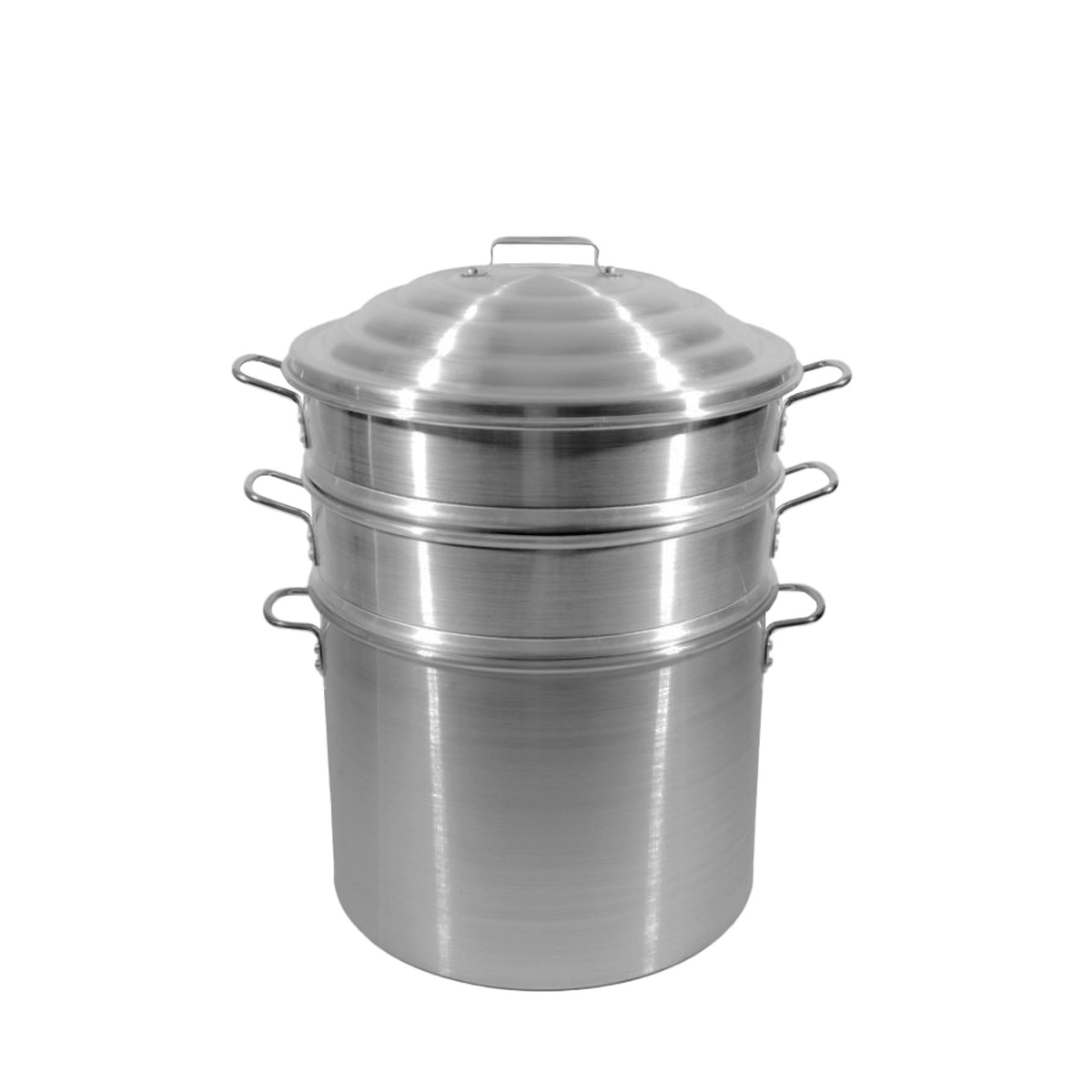 Town 34416 16-inch aluminum deep pot steamer set fully assembled with two steamer baskets, deep saucepot, and domed cover