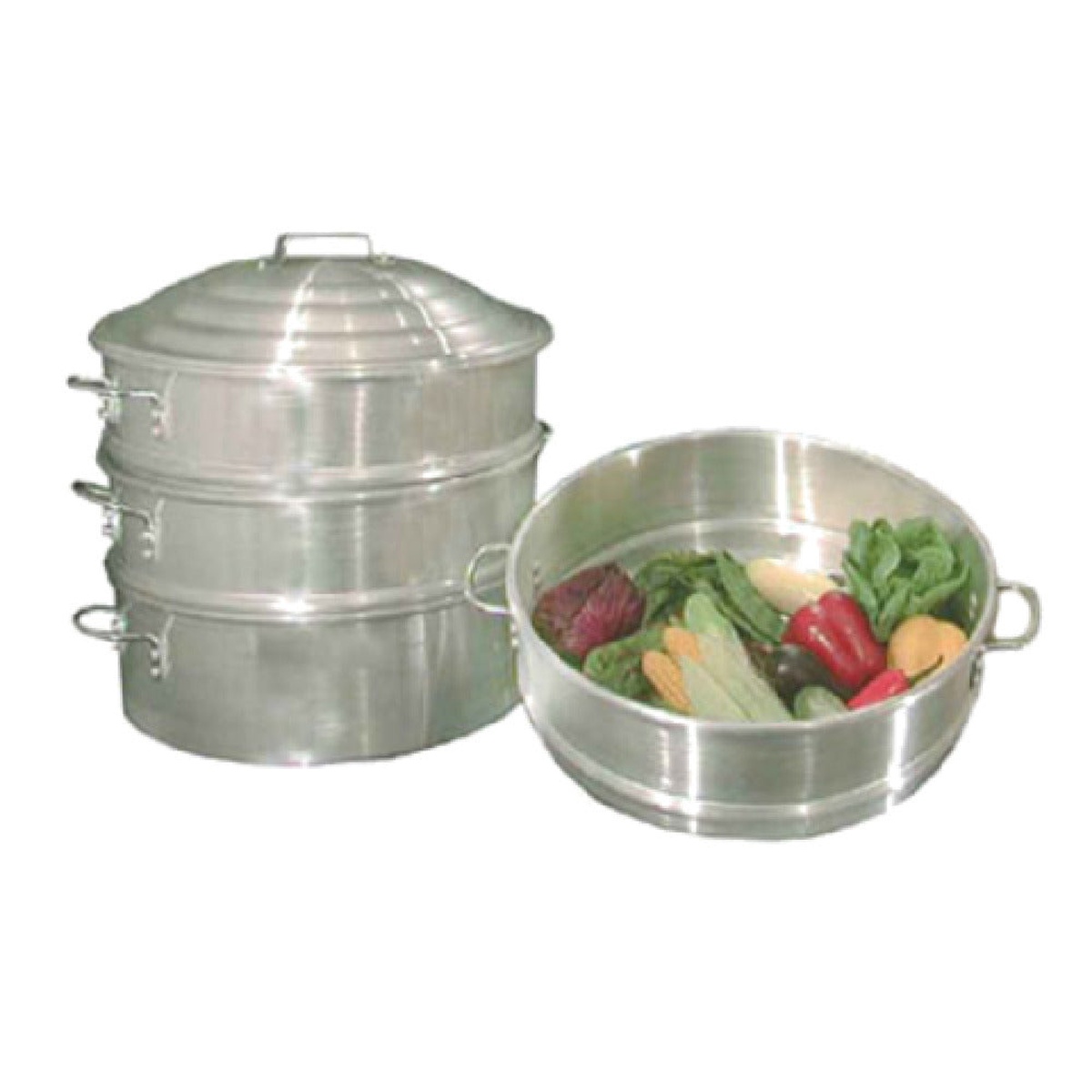 Town 34418-S 18-inch aluminum Chinese steamer set showing stacked steamer tiers with domed cover alongside open steamer tier filled with fresh vegetables