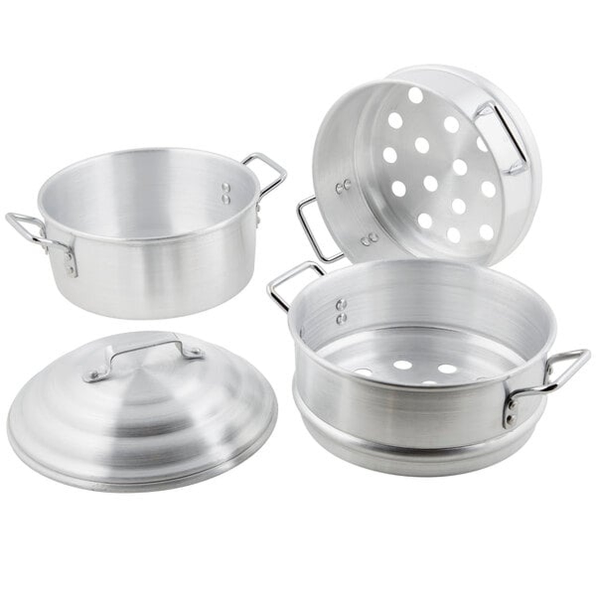 Town 34420S steamer set components separated showing water pan, two perforated steamer baskets, and domed cover