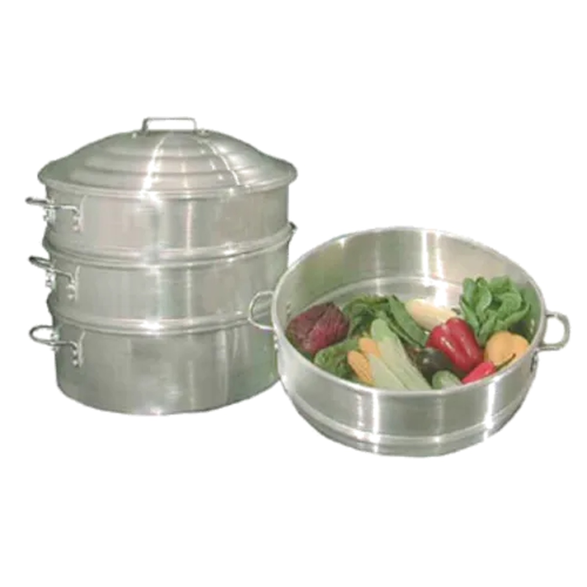 Town 34620 Chinese Steamer Water Pan shown alongside a stacked aluminum steamer set