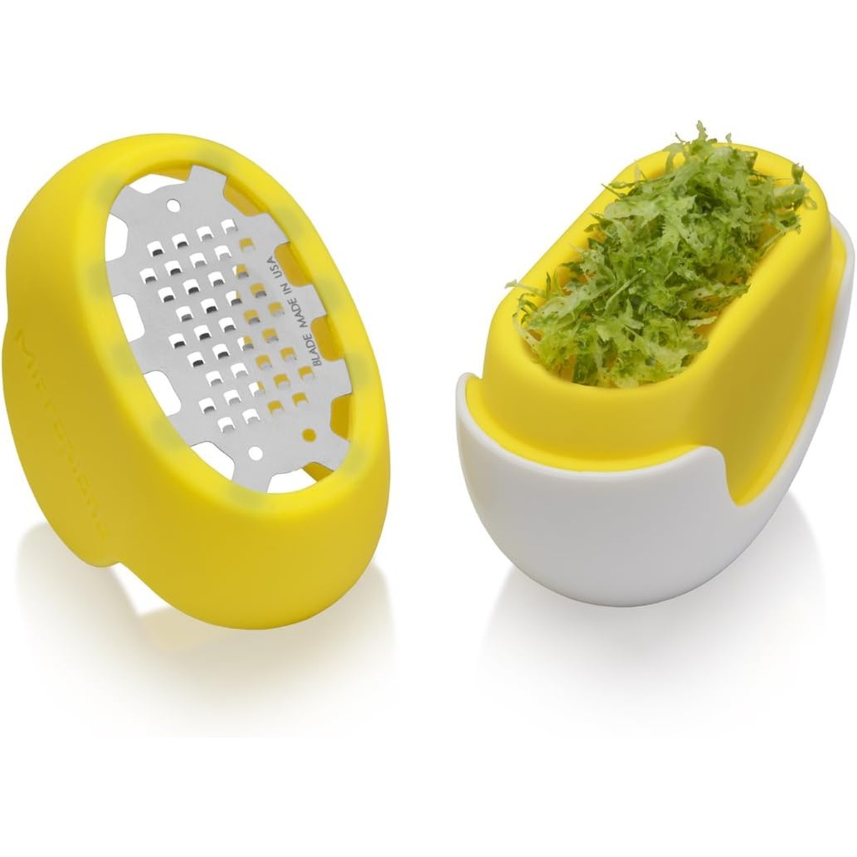 Detail of the built-in zest collection chamber filled with fresh lime zest