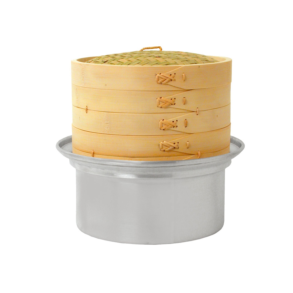 Town aluminum steamer pan with multi-tier bamboo steamer basket and lid seated on the wide rim