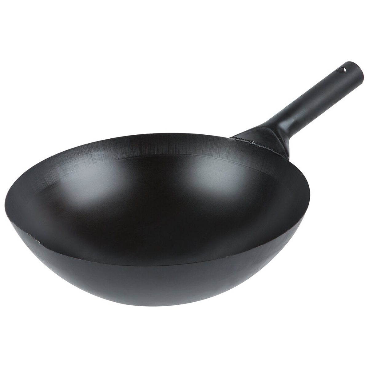 Town 34700 14-inch Mandarin wok with welded steel handle, angled side view on white background