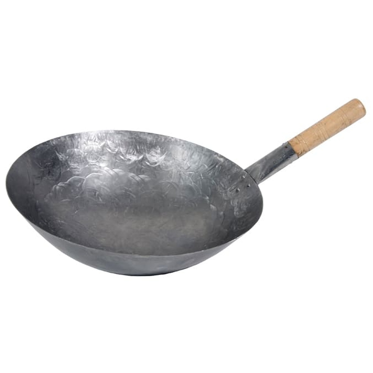 Town Food Service 34702 14-inch carbon steel Mandarin wok with riveted steel handle and wood grip extension