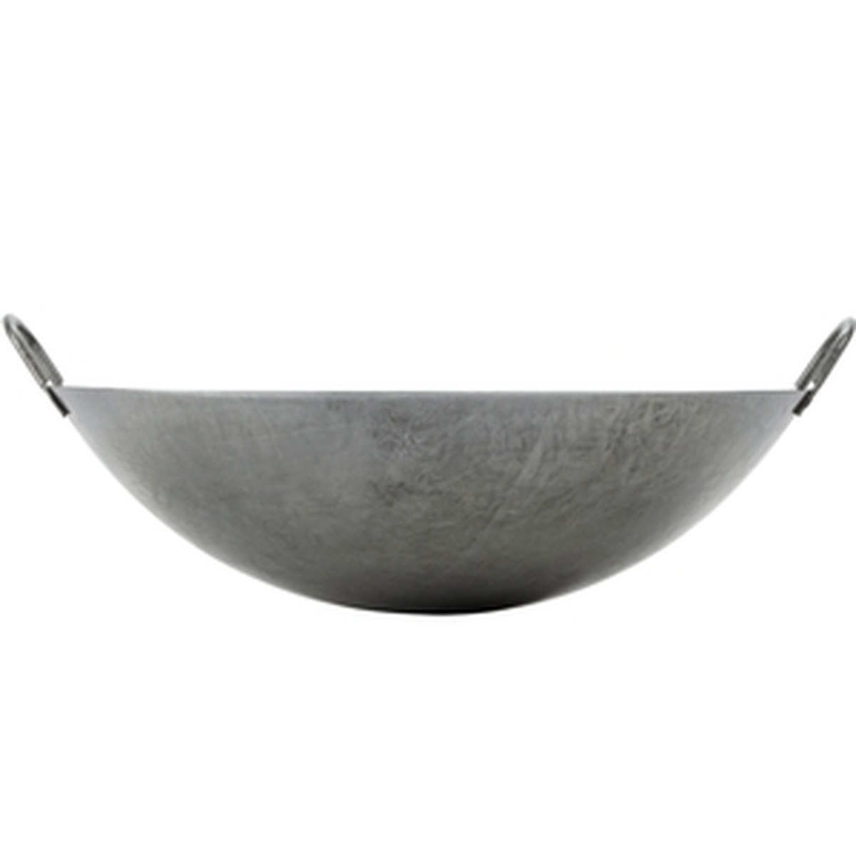 Front profile view of Town 34714 hand-hammered Cantonese wok showing the wide flat rim and steep sides