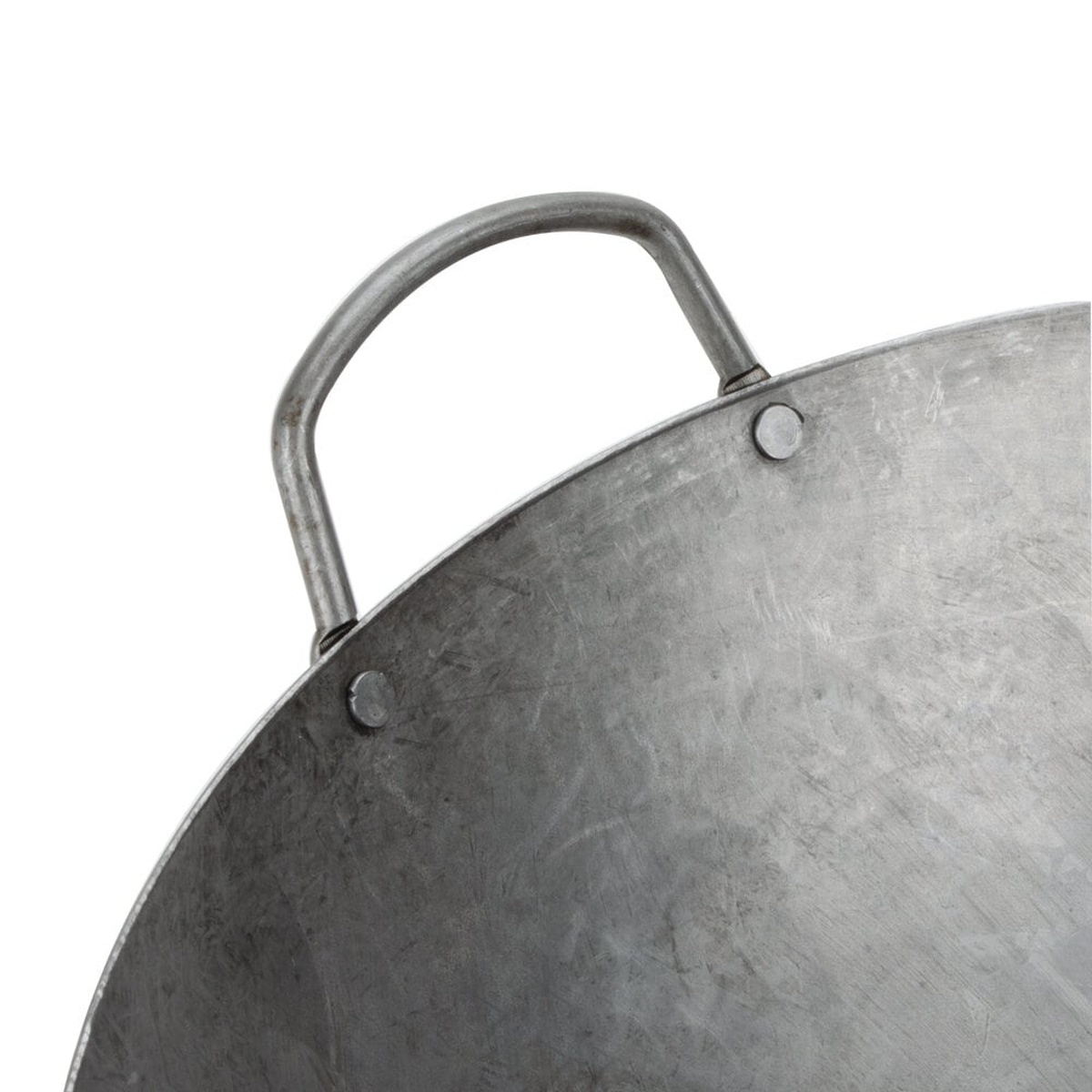 Close-up detail of riveted loop handle on Town 34714 14-inch hand-hammered cantonese wok