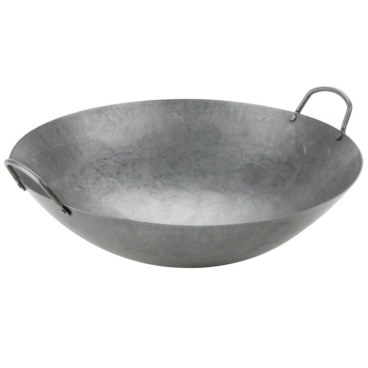 Town 34714 14-inch hand-hammered cantonese wok with two riveted loop handles, angled side view