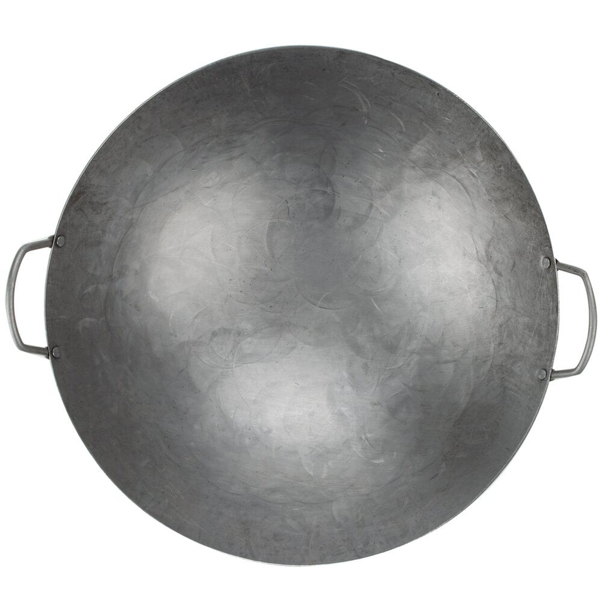 Top-down view of Town 34714 14-inch hand-hammered cantonese wok showing hammered interior surface and two riveted handles