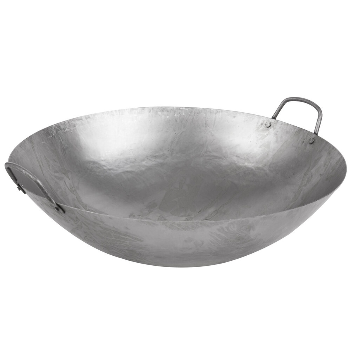Town 34716 16-inch hand hammered Cantonese wok with two riveted loop handles, angled side view on white background