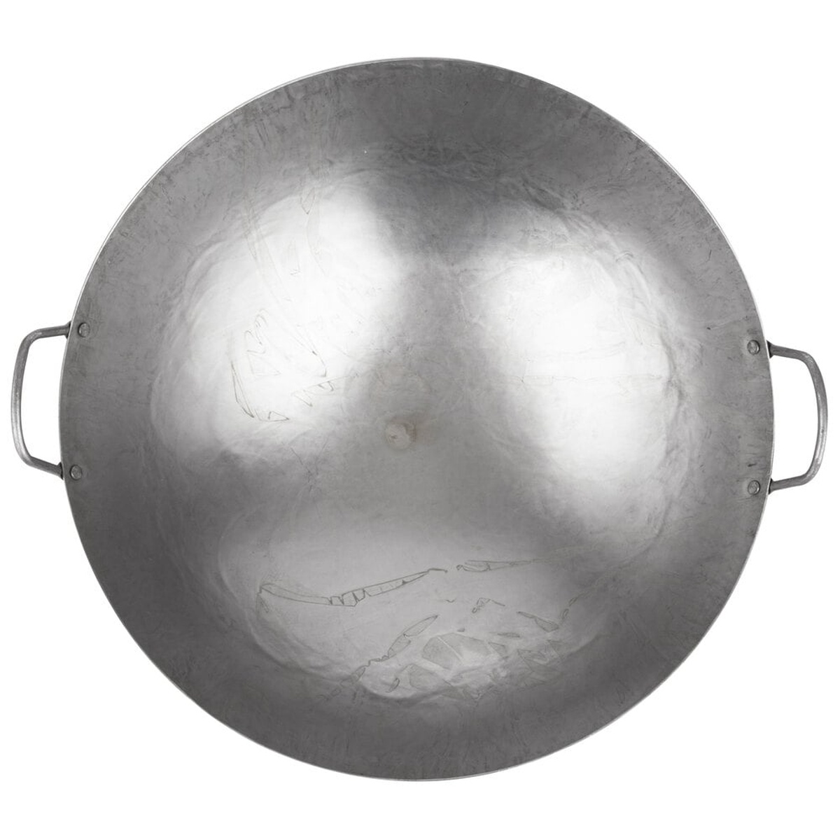 Top-down overhead view of Town 34716 hand hammered Cantonese wok showing interior surface and two riveted side handles