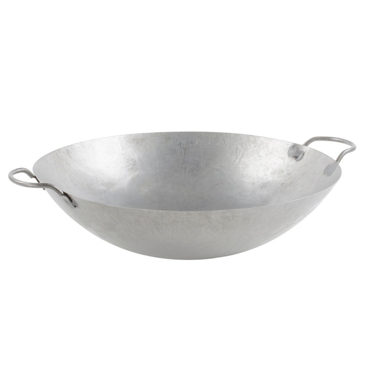 Town 34718 18-inch hand-hammered Cantonese wok, side view showing rounded bottom and two loop handles