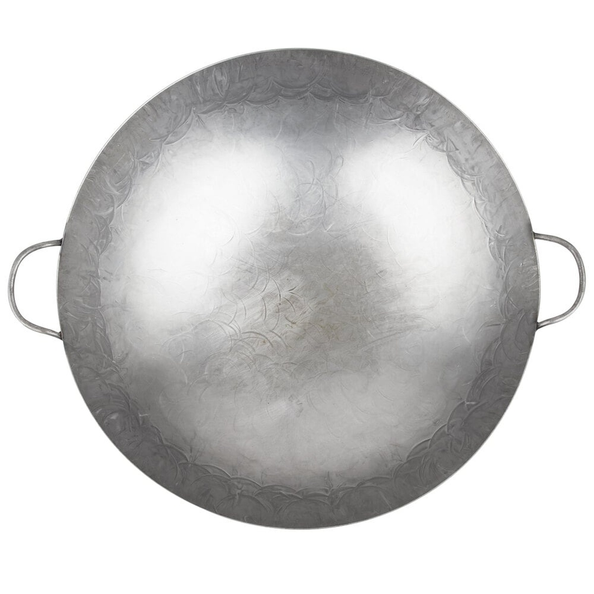 Top-down view of the Town 34722 Cantonese wok showing the full 22-inch hand-hammered interior surface and two loop handles