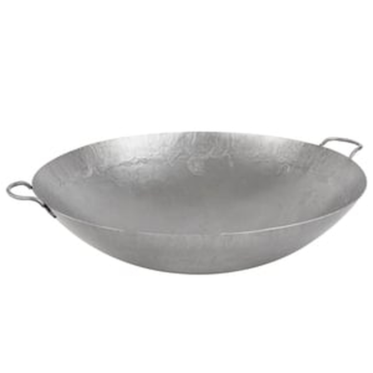 Town 34724 24-inch hand hammered Cantonese wok on white background, angled profile view