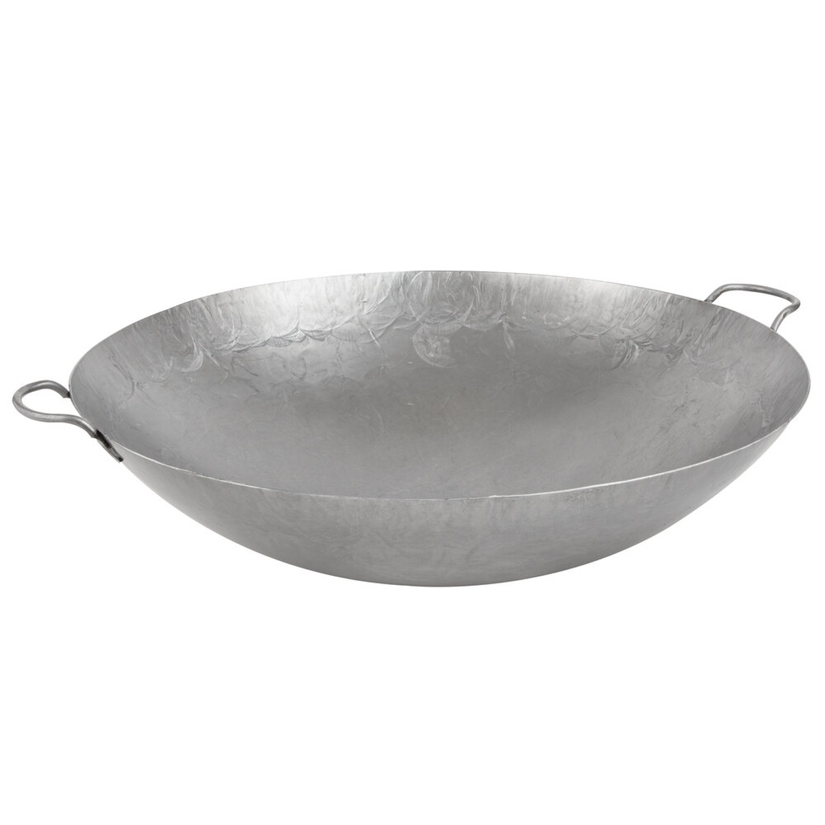 Town 34724 24-inch hand hammered Cantonese wok with two welded handles, side angle view
