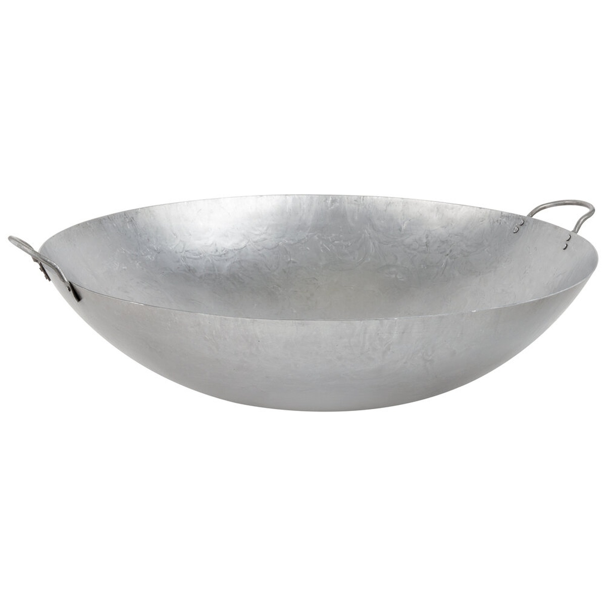 Town 34726 26-inch hand-hammered Cantonese wok with two riveted loop handles, side angle view