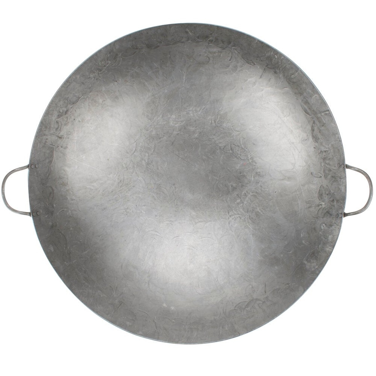Top-down view of the Town 34728 hand hammered Cantonese wok showing its wide round interior and two handles