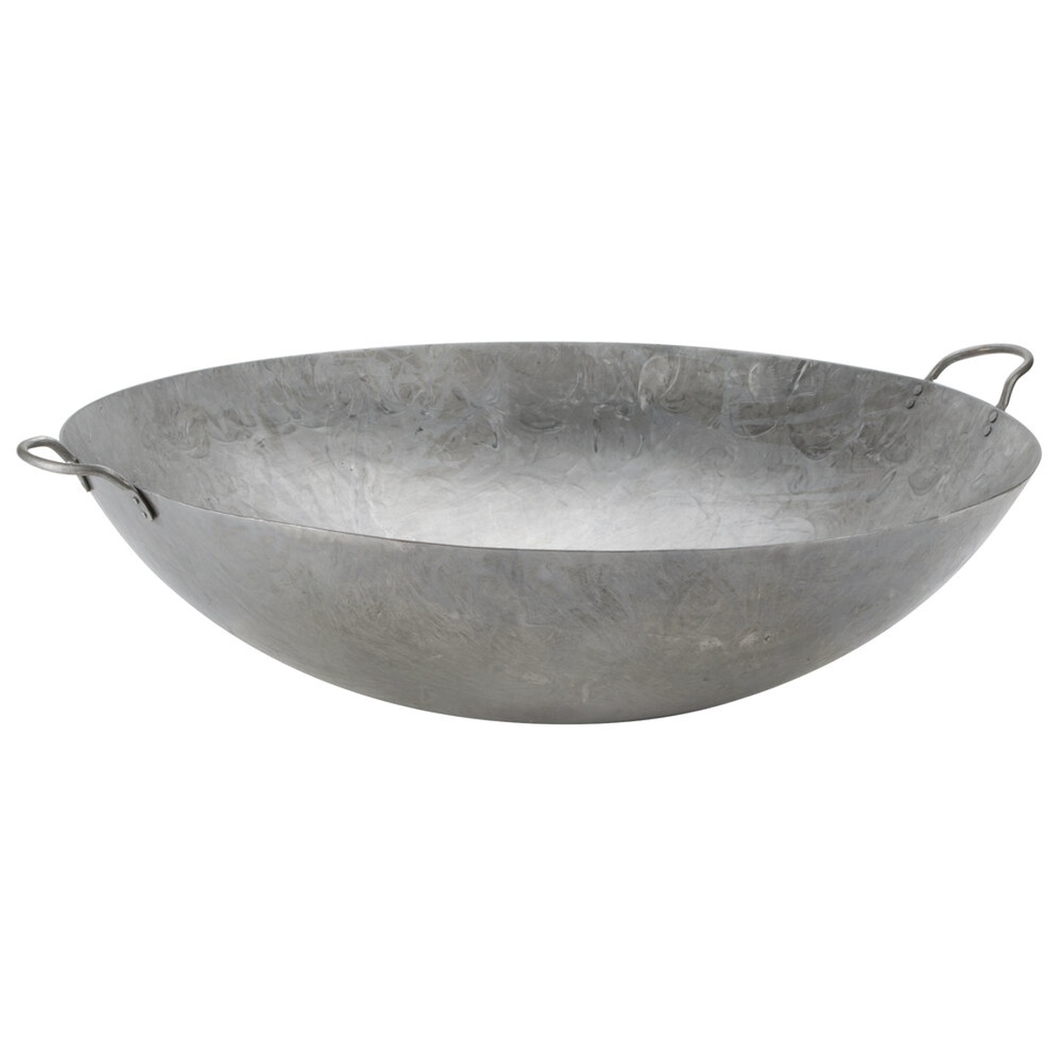 Town 34728 28-inch hand hammered Cantonese wok with two riveted handles, side angle view