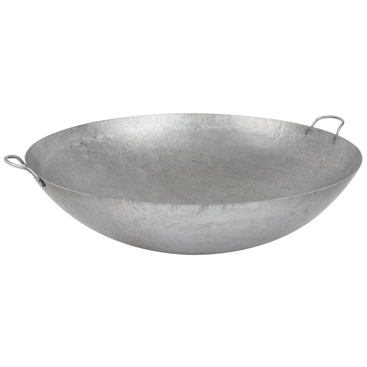 Town 34730 30-inch hand-hammered Cantonese wok with two riveted loop handles, angled side view
