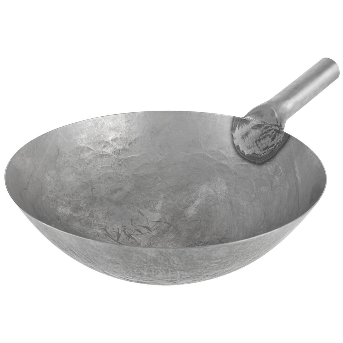 Town 34734 14-inch hand-hammered carbon steel Peking wok with reinforced steel handle, side view