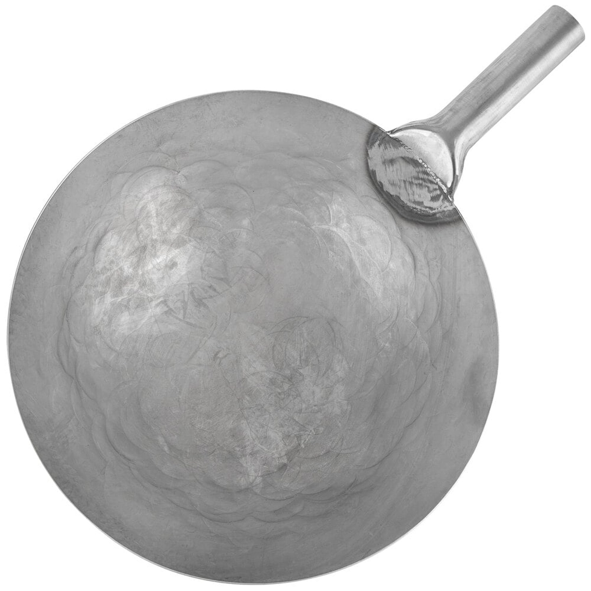 Top-down view of Town 34734 14-inch hand-hammered carbon steel wok showing hammered texture and handle