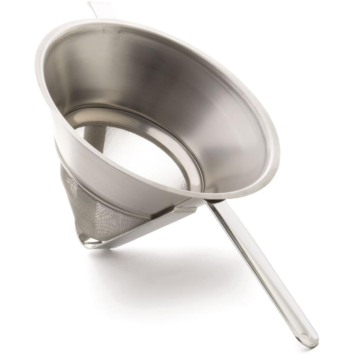 TableCraft 348 2-quart fine mesh stainless steel bouillon strainer with long handle on white background