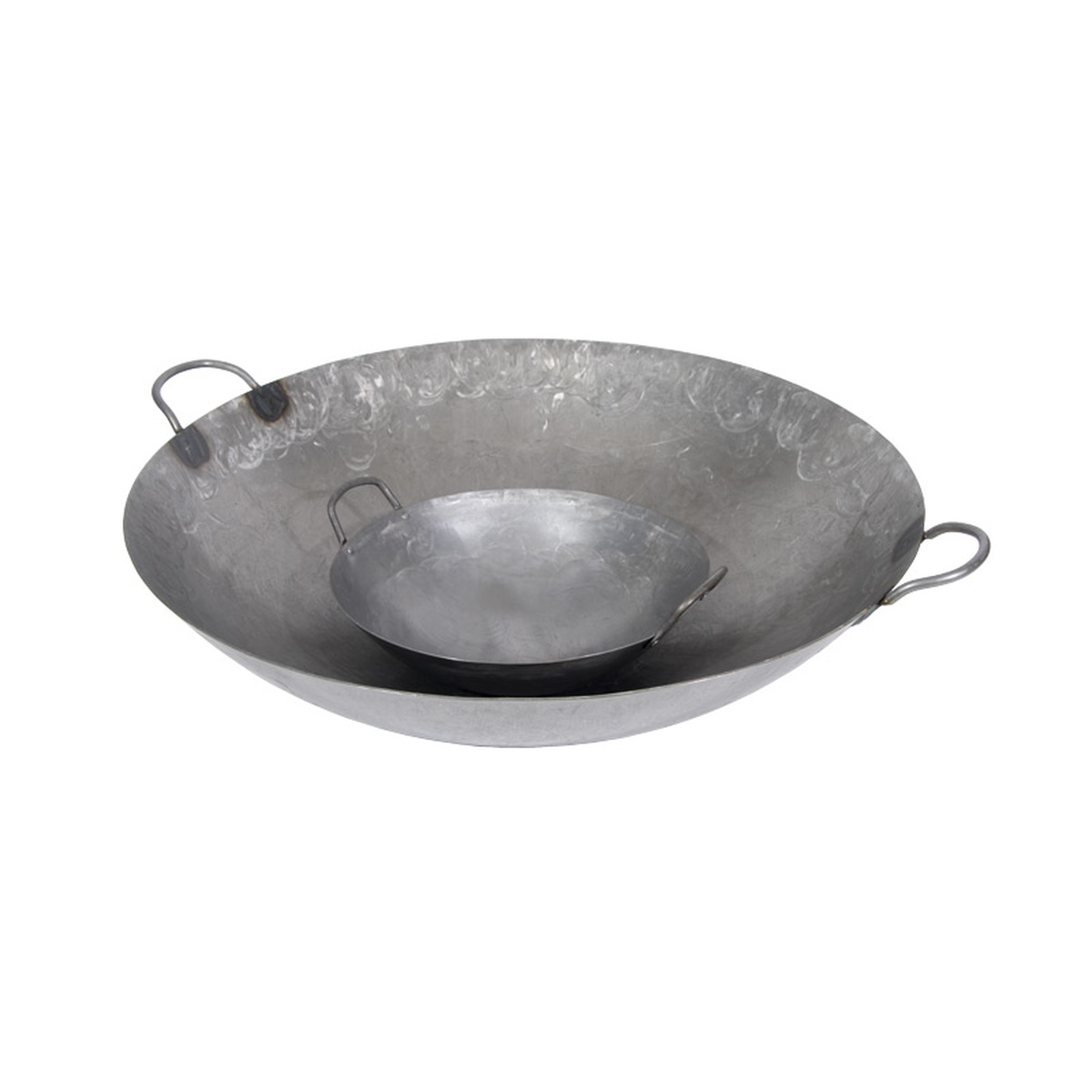 Town 34804 14-inch hand hammered Cantonese flat bottom wok with two riveted loop handles, angled overhead view