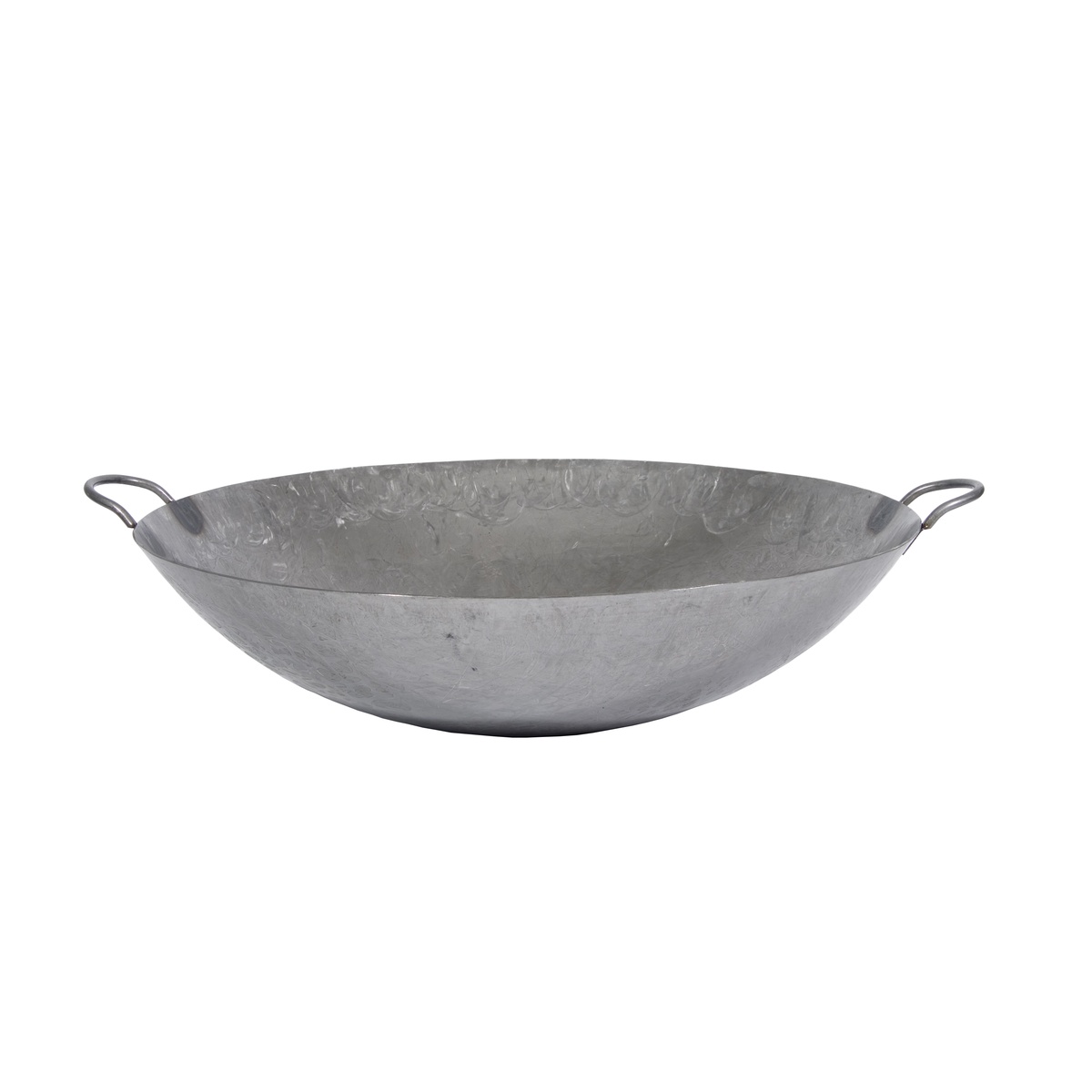 Town hand hammered Cantonese wok with two riveted loop handles, side profile view on white background