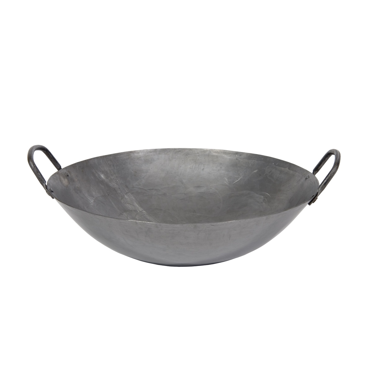 Town hand hammered Cantonese wok showing riveted loop handles and flat bottom construction, front view on white background