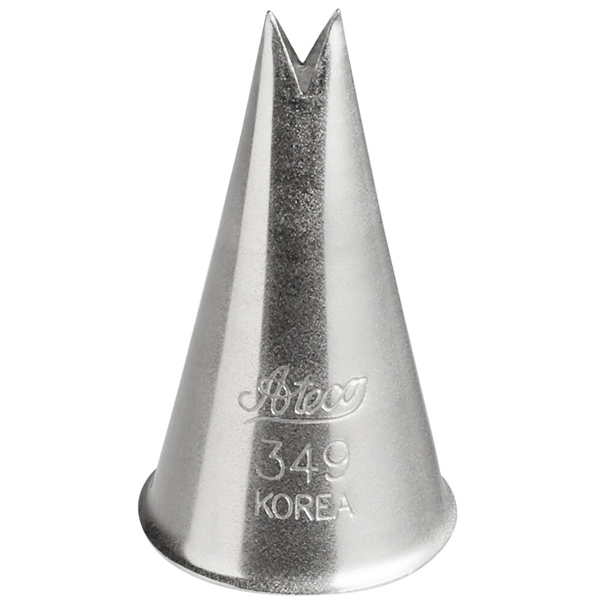 Ateco 349 stainless steel leaf piping tip showing V-shaped opening at top