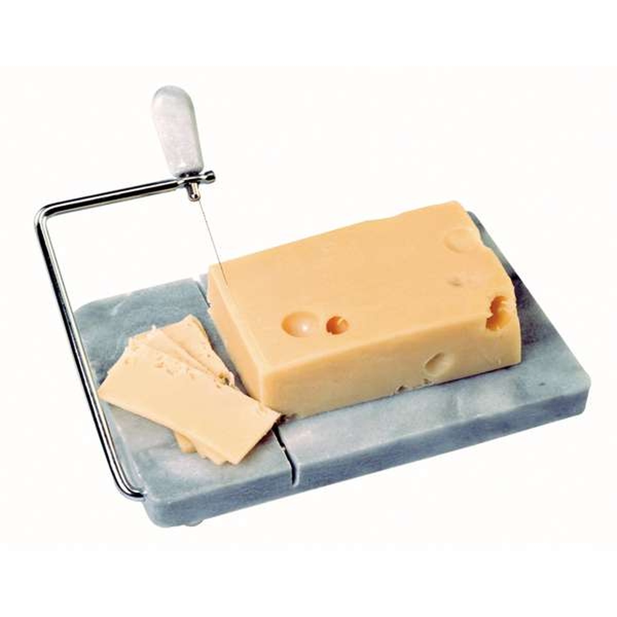 Norpro marble cheese slicer with a block of Swiss cheese and thin uniform slices