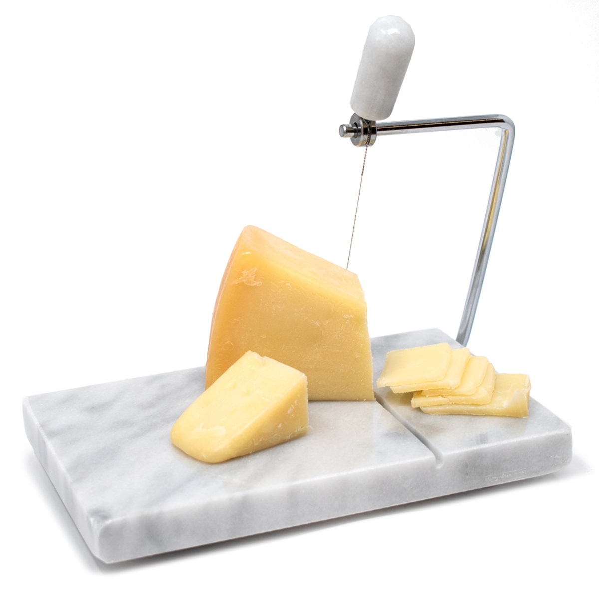 Side view of the Norpro marble slicer with hard cheese wedges and slices