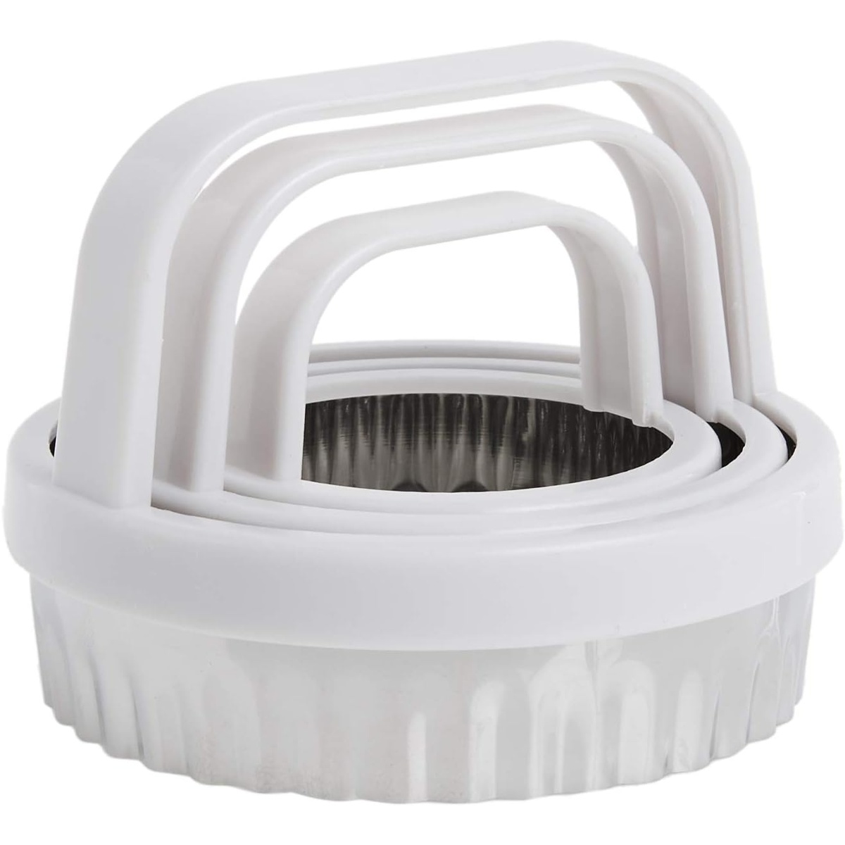 All three Norpro scalloped cookie and biscuit cutters nested together, showing the stacked stainless steel blades and white handles from a front angle