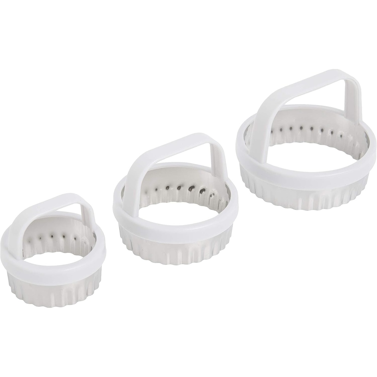 Set of three Norpro scalloped edge biscuit and cookie cutters with white plastic handles, displayed side by side on a white background