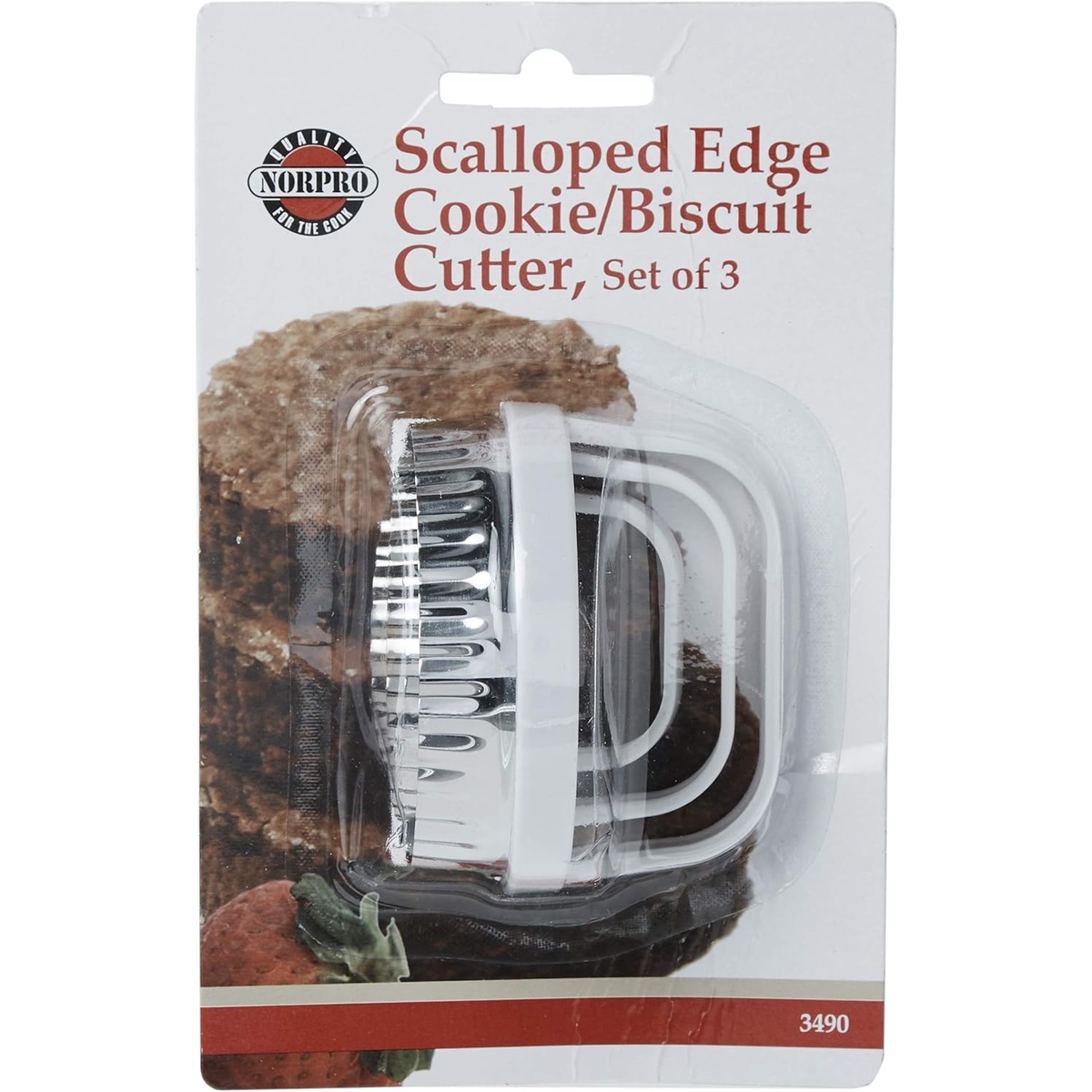 Norpro 3490 Scalloped Edge Cookie and Biscuit Cutter Set of 3 shown in original retail packaging