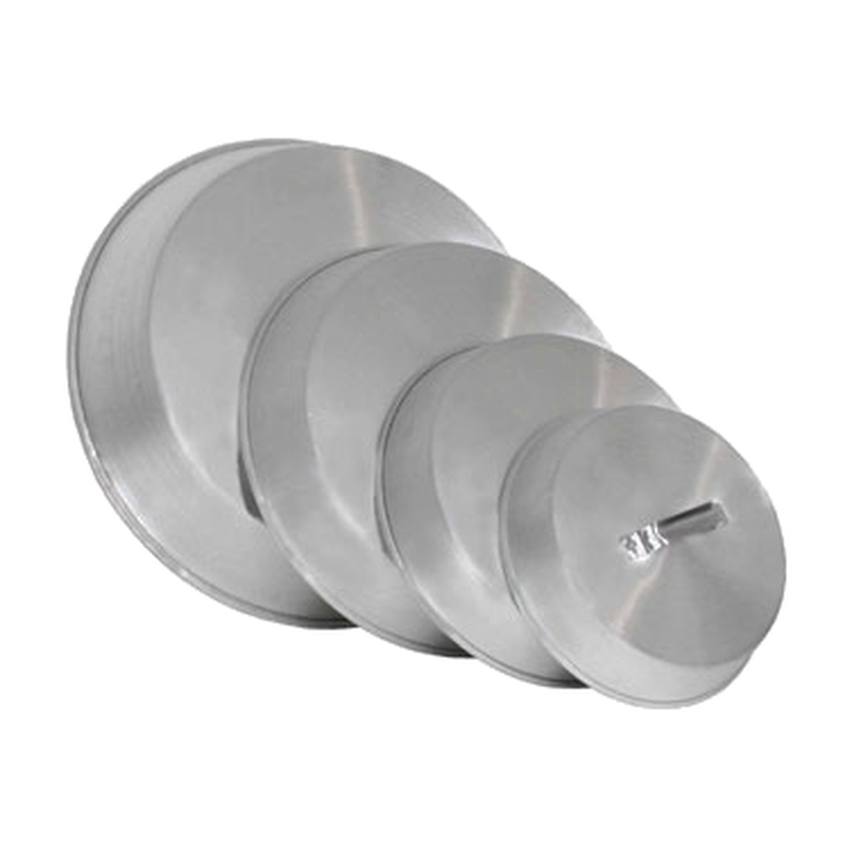 Town 34911 aluminum wok covers in multiple sizes stacked together showing riveted handle and low-profile dome shape