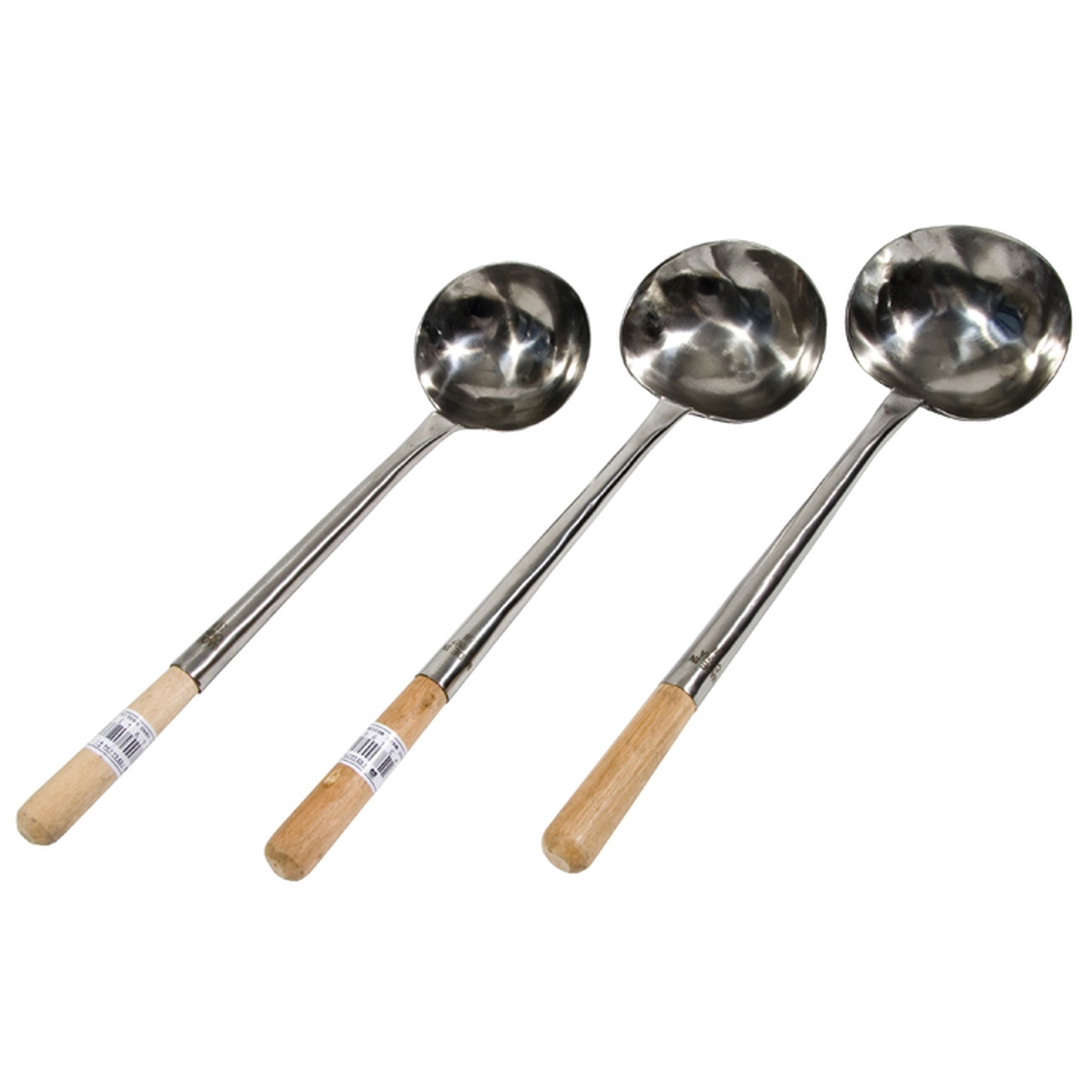 Three Town hand-hammered stainless steel wok ladles in small, medium, and large sizes with wood handles
