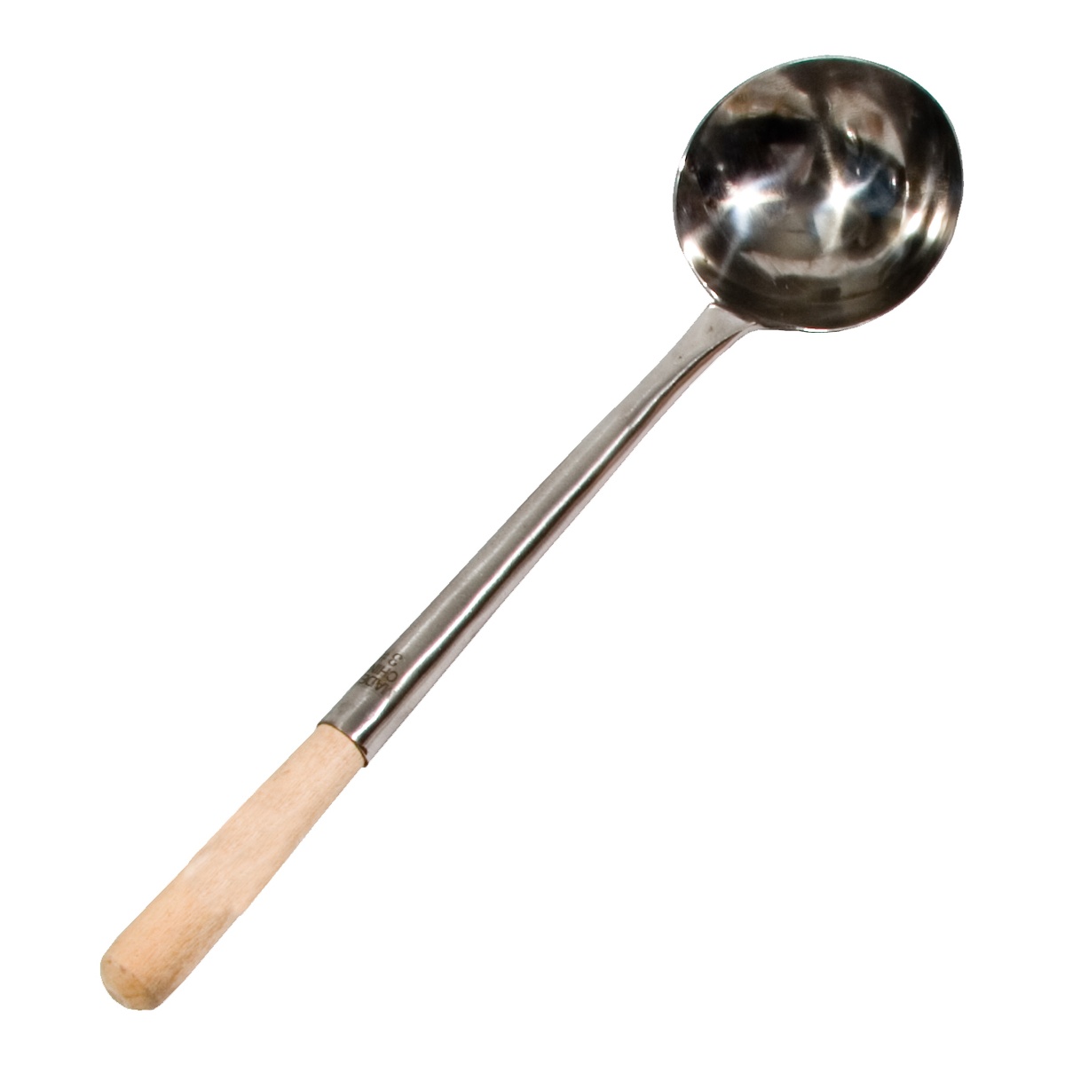 Single Town hand hammered stainless steel wok ladle with natural wood handle shown at an angle on white background