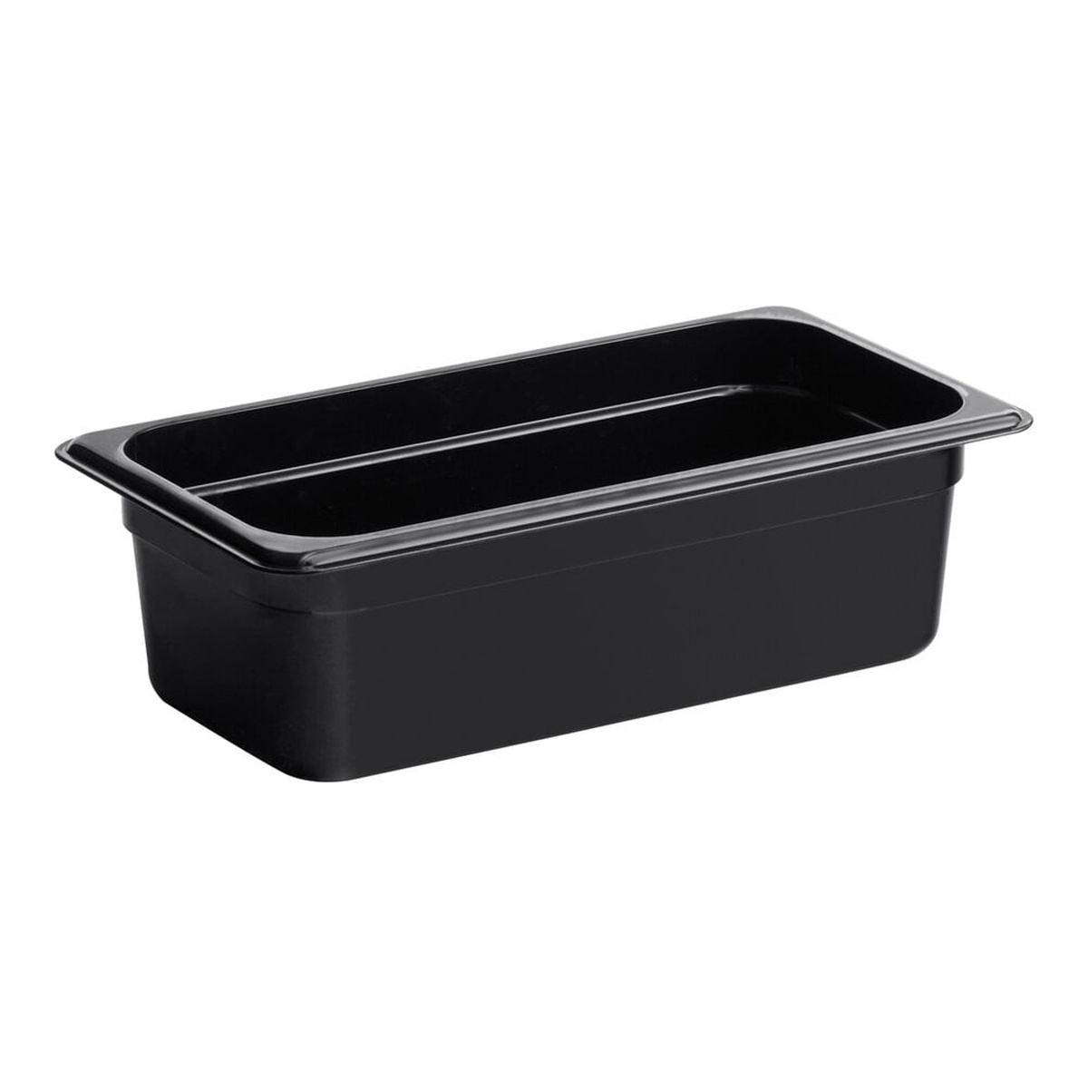 Cambro 34CW110 black polycarbonate 1/3 size food pan, 4 inches deep, shown on white background