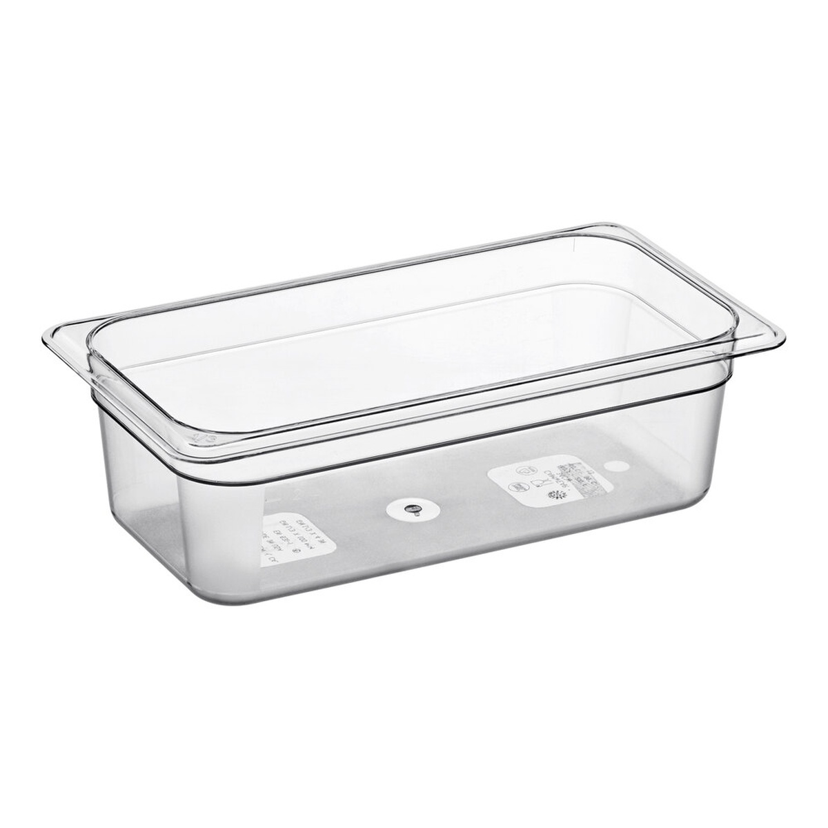 Cambro 34CW135 clear polycarbonate 1/3 size food pan, 4 inches deep, shown on white background