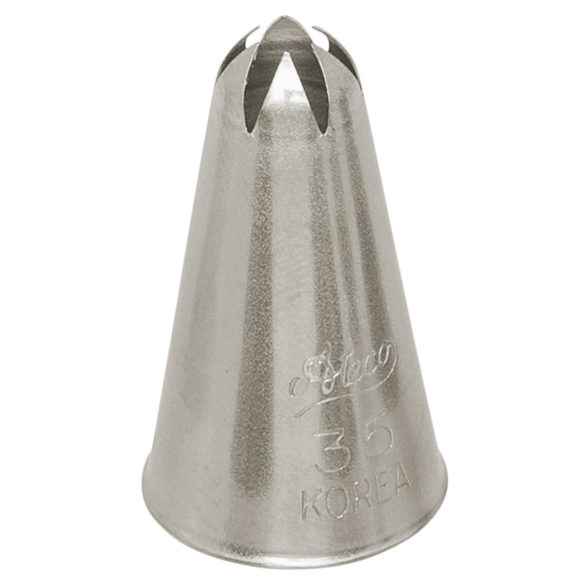 Ateco #35 closed star stainless steel pastry piping tip showing detailed star opening at the top