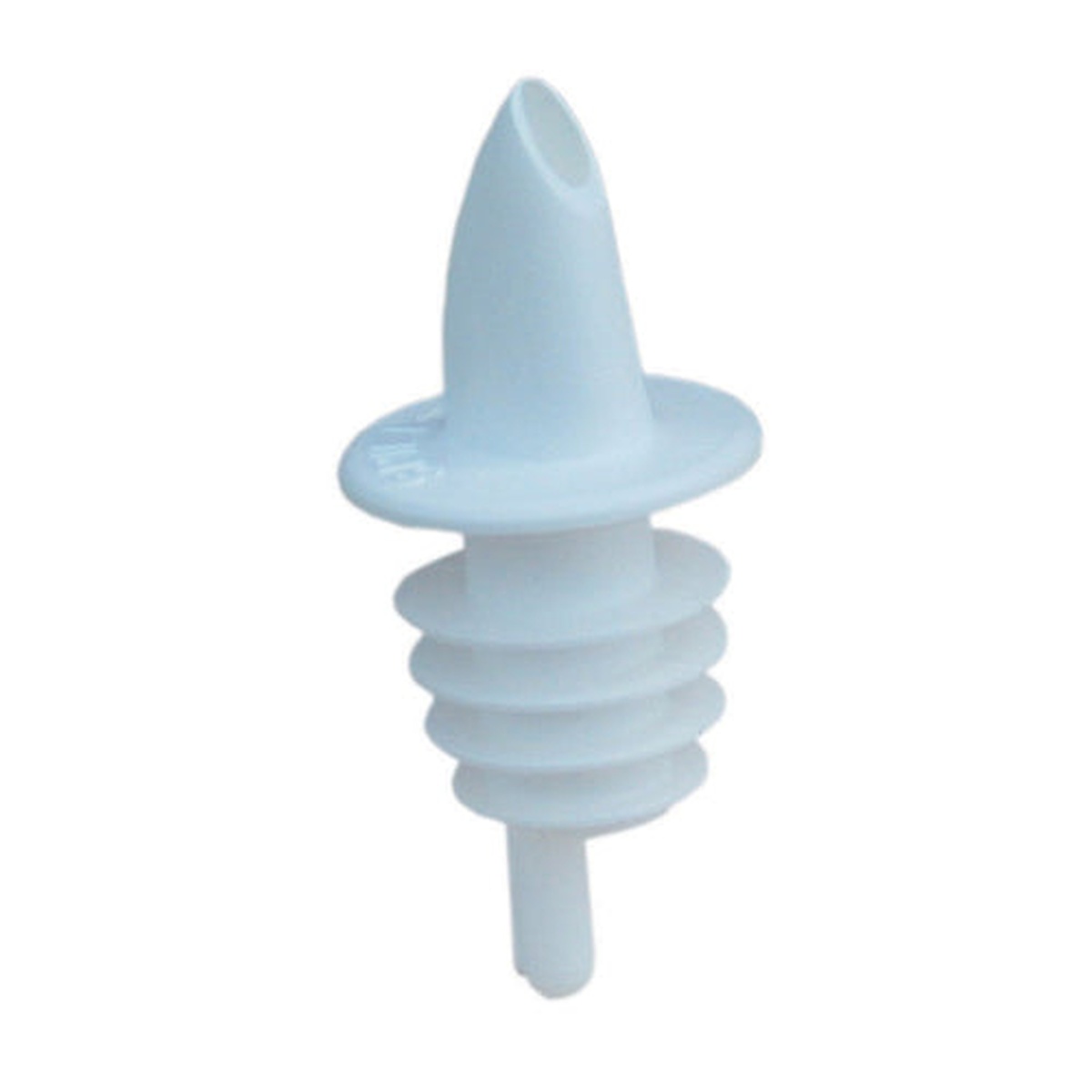 Spill-Stop 350-07 white plastic liquor pourer with ribbed stem and tapered spout